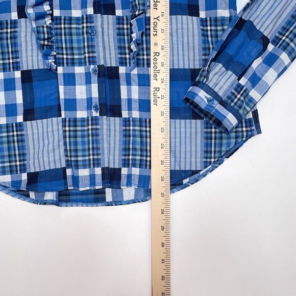 Rochelle Behrens The Shirt‎ Size Small Blue Plaid Button Front Patchwork Ruffle - Picture 12 of 12